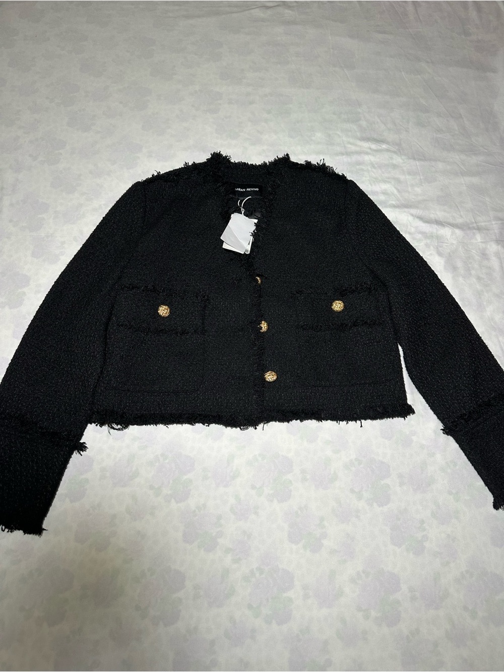 Urban Revivo Tweed Jacket Womens Medium 8 Black Boucle Gold Button Cropped NWT